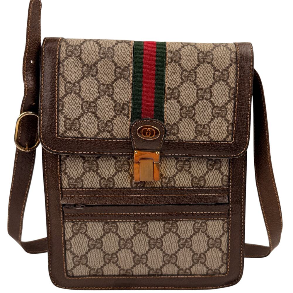 Gucci Vintage Vertical Canvas Shoulder Bag with Monogram and Stripes